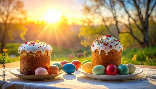 painted eggs and a cake on the table for Easter, Orthodox holidays
