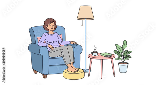 Photos Woman Relaxing in Cozy Chair with Plants and Lamp