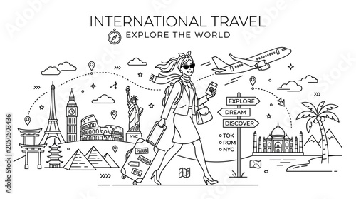 Canvas-taulu Woman Walking with Luggage in International Travel Scene
