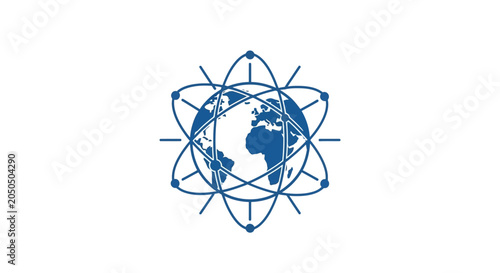 A blue graphic icon showing a stylized globe with orbiting connection lines