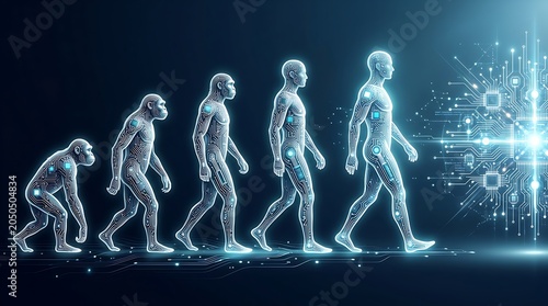 The evolutionary progression of humanity from ape-like ancestors to a technologically advanced future.