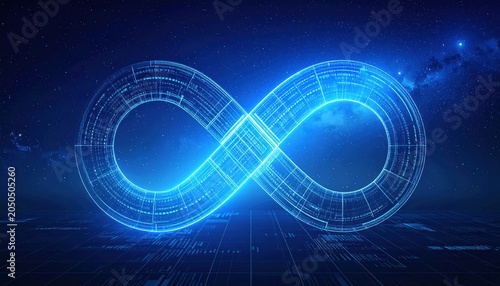 Software development operations infinity symbol. The concept of development operations, communication between programmers and engineers, data processing.