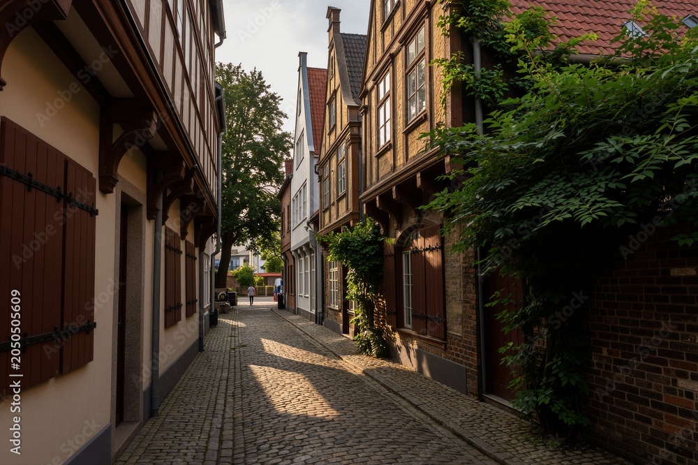 Fototapeta premium A serene cobblestone alleyway in Bremen's Schnoor Quarter, Germany, features historic European architecture with timber-framed and brick facades.