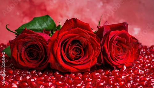 Red rose in romantic background. Bouquet of red roses. Several roses on Granate background.