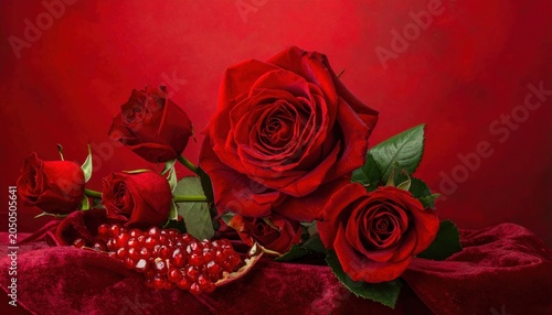 Red rose in romantic background. Bouquet of red roses. Several roses on Granate background.