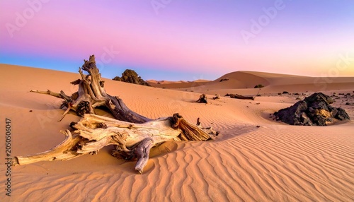 Rotten tree trunks lying randomly on the dry sand. Beside the tree trunks are rough-surfaced rocks