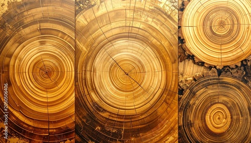Set of templates. Luxury golden background with wood annual rings texture. Banner with tree ring pattern