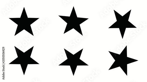 Set of six black star shapes on a white background.