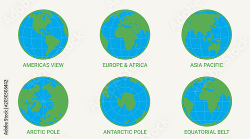 Set of six globe icons showing different world views and geographical regions.
