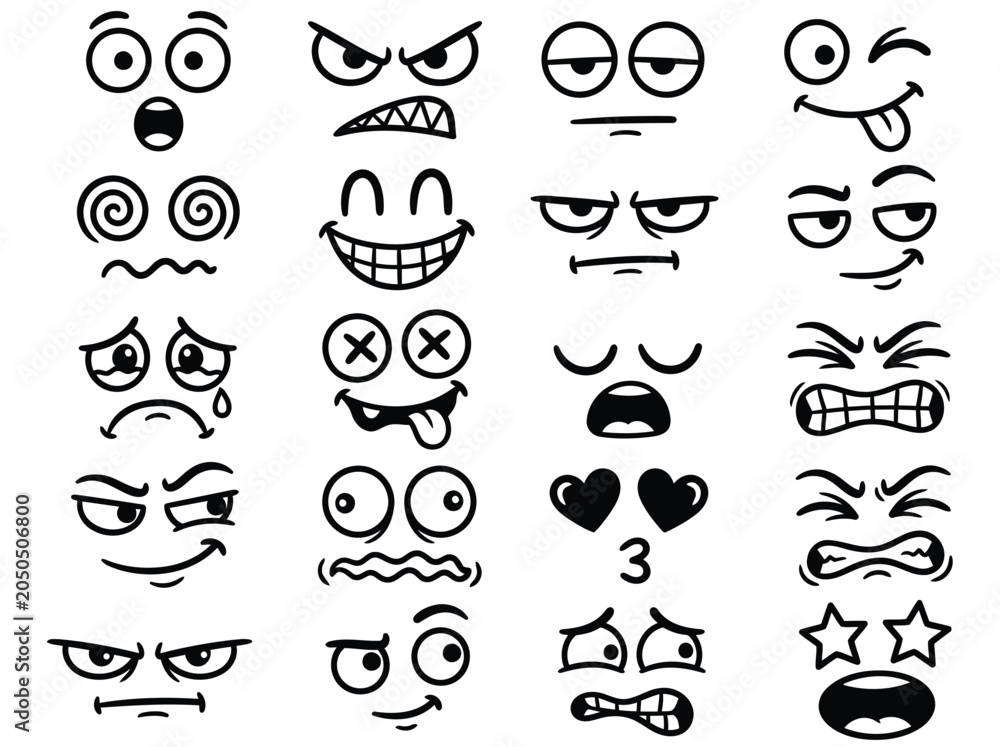 Fototapeta premium Cartoon Doodle Facial Expressions Set Vector Illustration Hand Drawn Comic Emoticons with Different Emotions