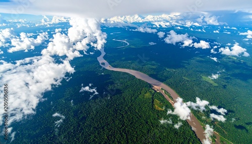 Aerial view of the Amazon River winding through the lush rainforest, a breathtaking natural landscape.