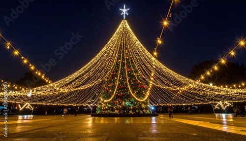 Spectacular view of a giant Christmas tree-shaped structure made of golden fairy lights, glowing against the night sky.