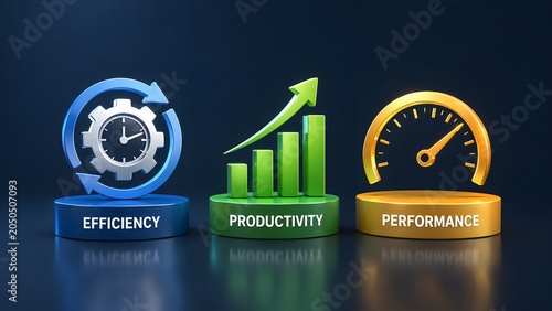Corporate performance metrics and productivity growth concept featuring 3d efficiency icons on colorful podiums