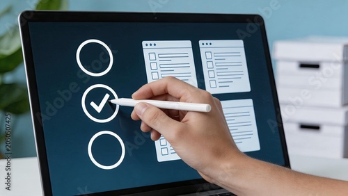 Hand using stylus to select checkmark option on digital tablet screen, checklist verification process, voting concept, multiple choice selection, user interface interaction,