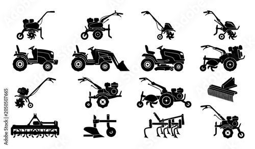 Obraz na plátně Walk behind tiller and mini tractor silhouette vector icon set