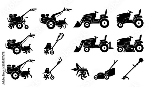 Slika na platnu Agricultural tiller cultivator and mini tractor silhouette vector collection