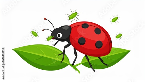 A ladybug on green leaves eating aphids.