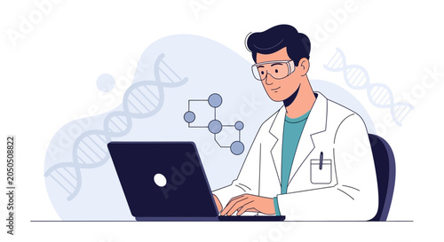Scientist Working on Laptop with DNA and Molecule Graphics, Science and Technology Illustration