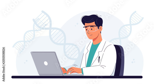 Scientist working on laptop with DNA helix background, vector illustration