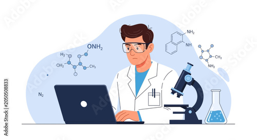 Scientist Working on Laptop with Microscope and Chemical Formulas - Modern Science Research and Development