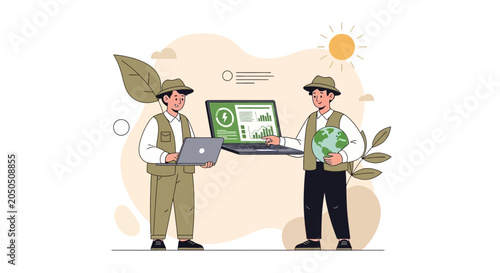 Scientists analyzing global environmental data on laptops, symbolizing sustainable technology and ecological research