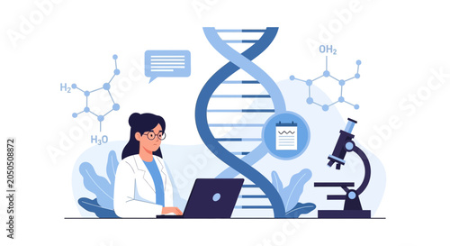 Scientist working with DNA, microscope, and molecular structures in a modern flat illustration style.