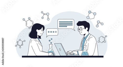 Scientists Collaborate in Laboratory with Laptop and Molecular Structures - Vector Illustration
