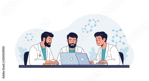 Scientists in Lab Coats Collaborating Around Laptops with Molecular Structures in Background - Vector Illustration