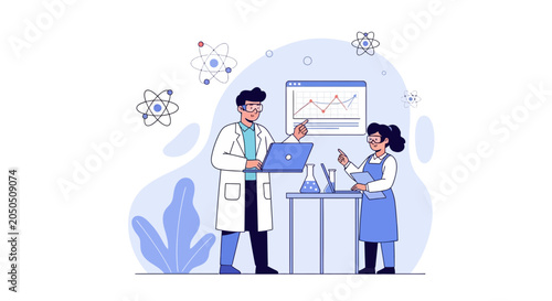 Scientists in Lab Analyzing Data and Experiments, Modern Vector Illustration
