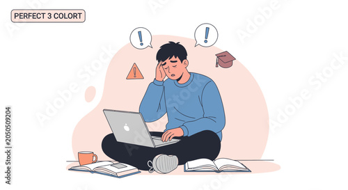 Student overwhelmed by studies and exams, feeling stressed and confused, symbolizing academic pressure and mental load.
