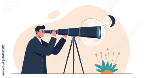 Man with Telescope Looking at Moon and Stars, Vector Illustration - Future Vision, Exploration, Discovery