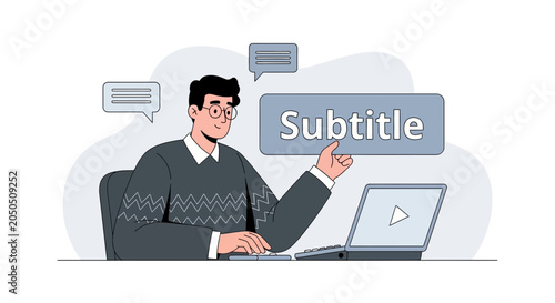 Man working on computer, adding subtitles to video content. Concept of accessibility and media creation.