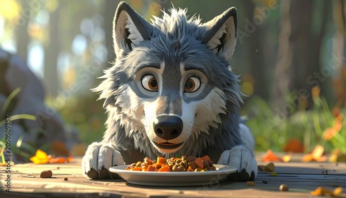 A wolf eating from a plate outdoors.