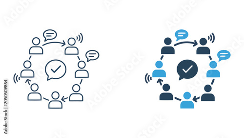 Group of people communicating in circle with check mark speech bubble vector icon set