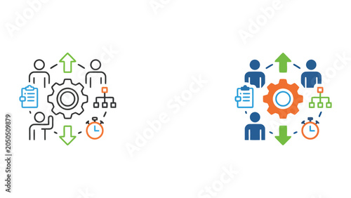 Business management team with organizational chart and performance timer icon