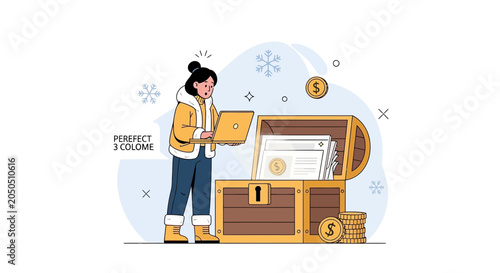 Surprised Woman with Laptop Discovering Treasure Chest Full of Documents and Money in Winter