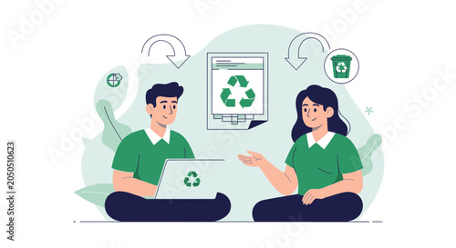 Sustainable Business Meeting: Team Discussing Recycling and Environmental Solutions with Laptop and Bin