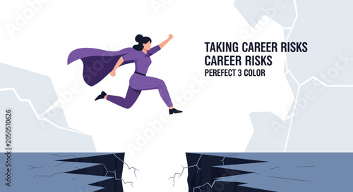 Superhero Woman Leaping Across Chasm, Representing Career Risks and Bold Decisions