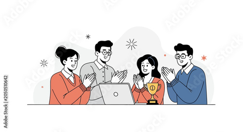 Team celebrating success with a trophy and laptop, vector illustration