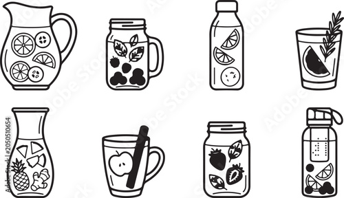 Fotografie set of Illustrated infuser water bottles and jars with fresh fruit and herbs