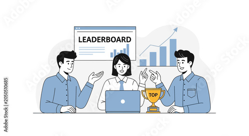 Team celebrates success with leaderboard and trophy, showcasing achievement and growth