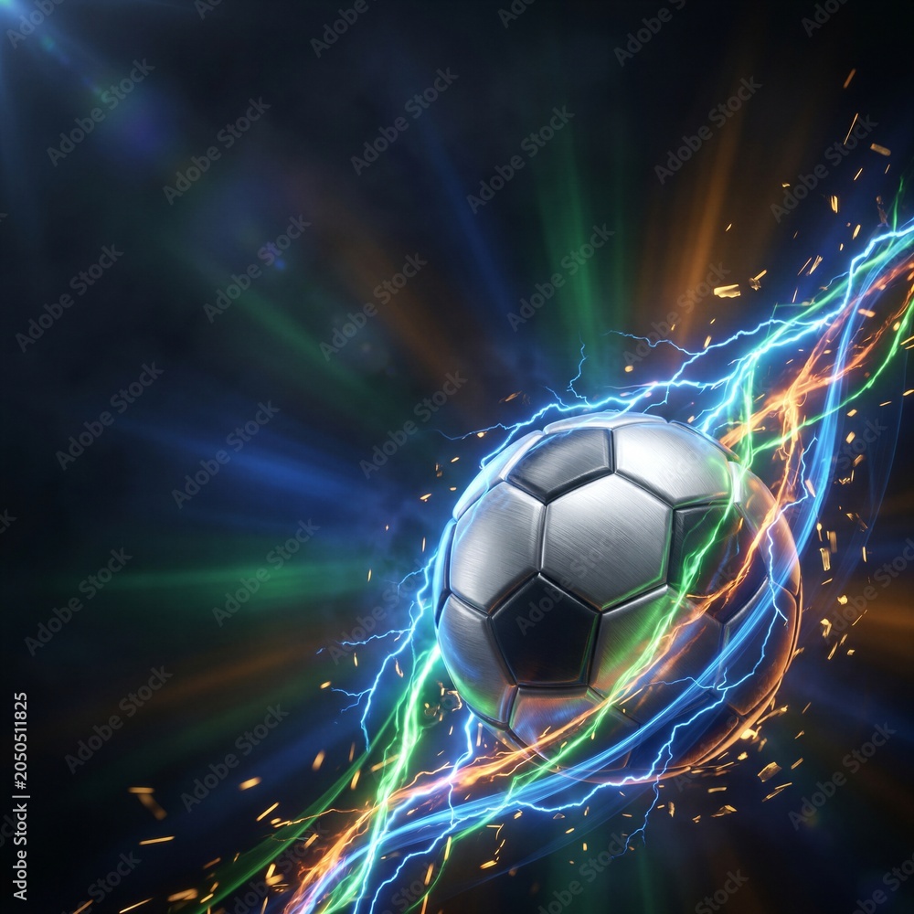 Fototapeta premium Metallic soccer ball with neon electric energy and light trails