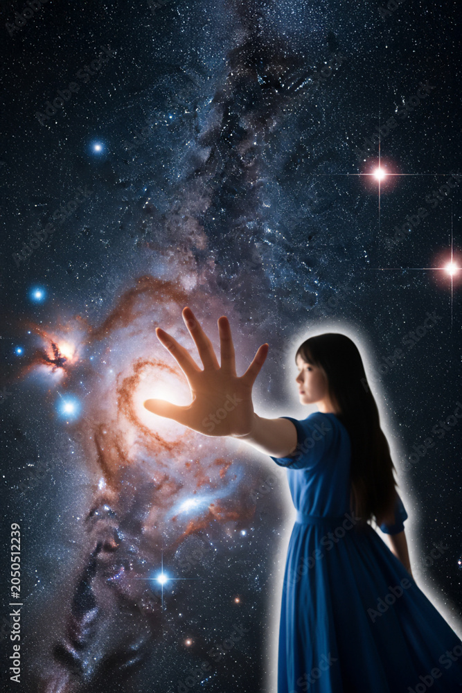 Naklejka premium 夜空に手を伸ばす人 | A person reaching out to the night sky Generative AI