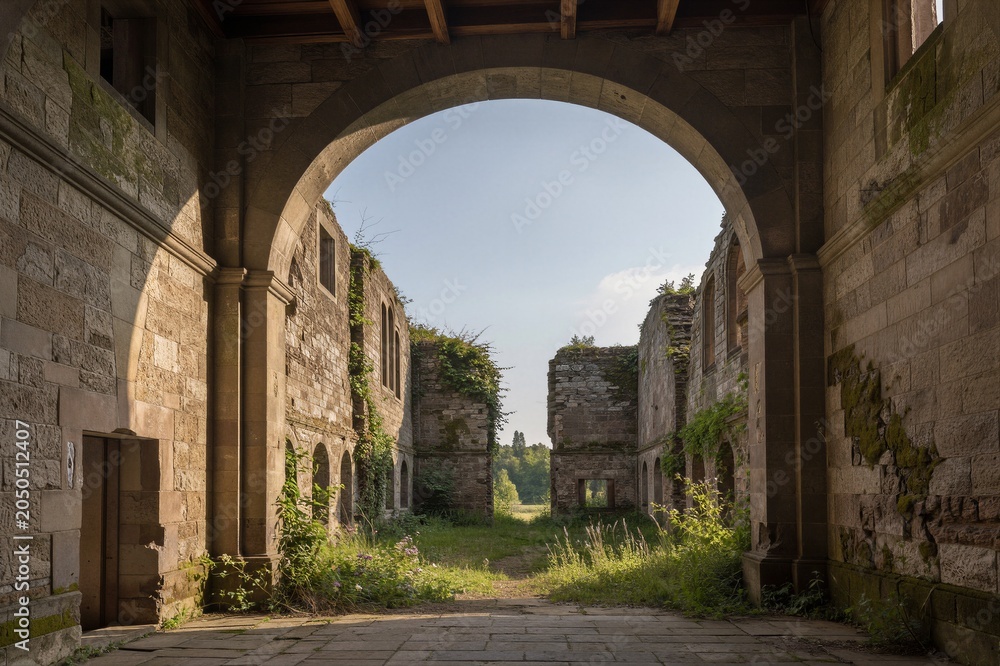 Naklejka premium A weathered stone archway frames a serene yet melancholic passageway through overgrown ruins in a rural landscape.