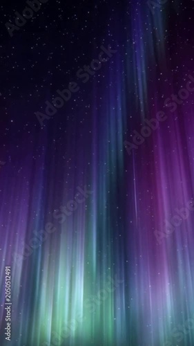 Shimmering Purple and Green Aurora Borealis Lights. Vibrant northern lights shimmer across a dark starry night sky effect