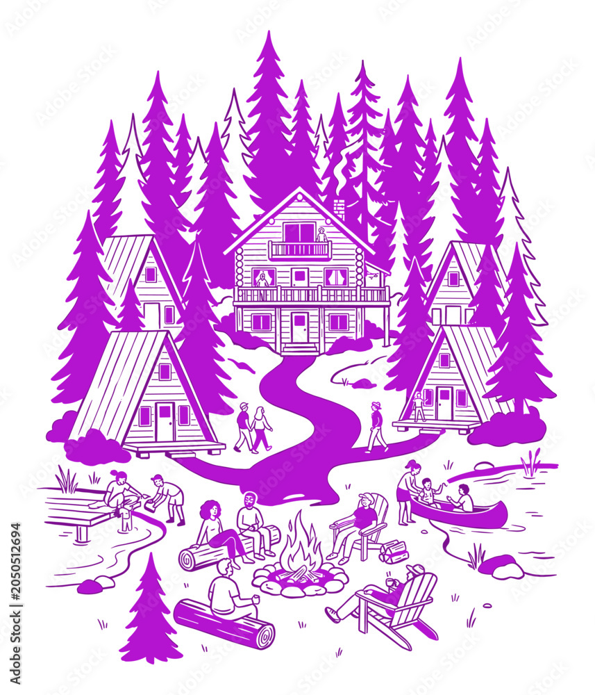 Obraz premium Forest Camp Scene. Purple Line Art Illustration. Outdoor Adventure Recreation Vibes. Ideal for Apparel and Prints. Great for Travel Posters and Stickers.