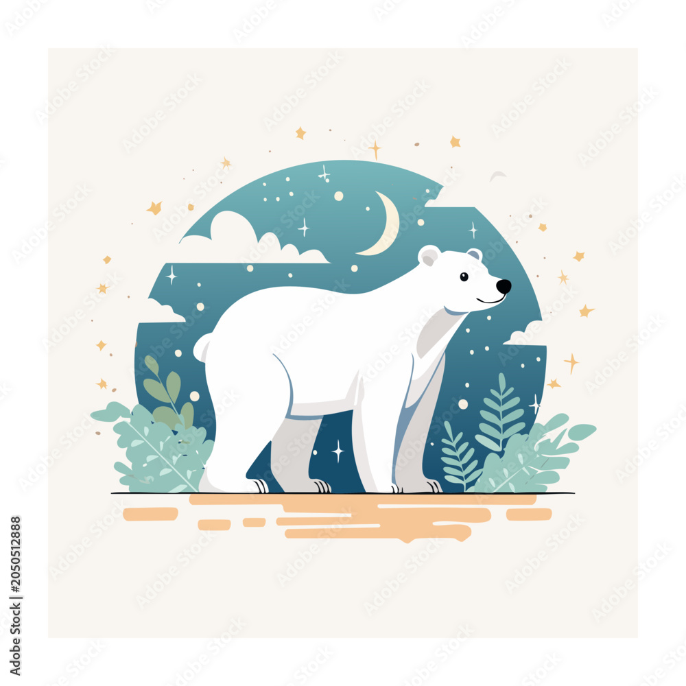Fototapeta premium Flat design illustration of a polar bear at night