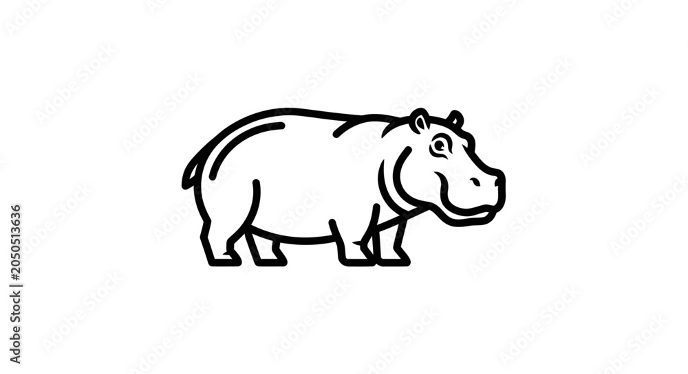 Fototapeta premium Line drawing of a hippopotamus in profile, standing on a white background