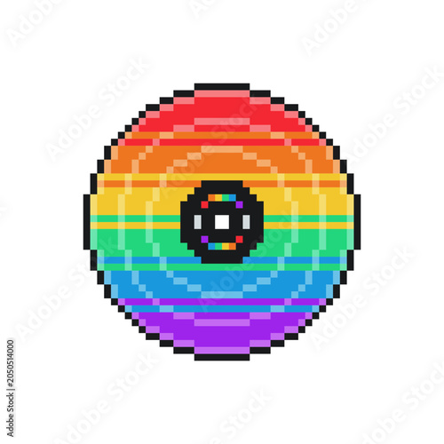 Pride Month Rainbow Colored Vinyl Disc with Groove Circle and Black Label, Pixel Art Icon, Isolated