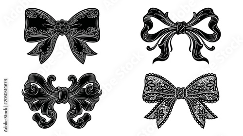 Set of elegant black decorative vintage bows with intricate lace and floral patterns.